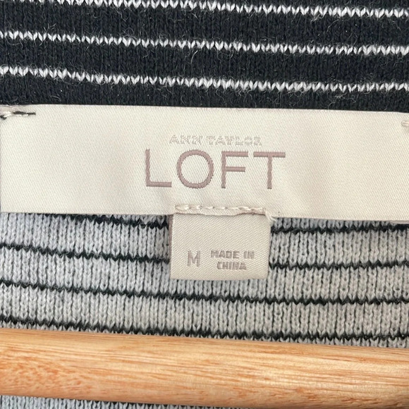 Loft Women’s Medium mock neck 3/4 sleeve black with stripes lightweight sweater - Picture 2 of 6